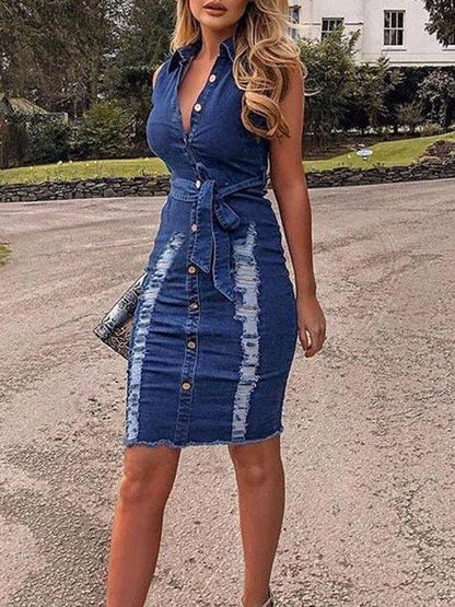 Distressed Denim Button Sleeveless Frayed Mini Dress With Belt - LuckyFash™