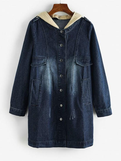 Distressed Detachable Hood Combo Denim Coat for Women