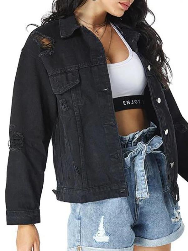 Distressed Drop Shoulder Chest Pocket Denim Jacket - LuckyFash™