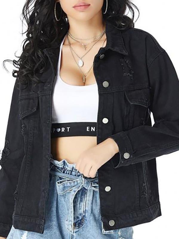 Distressed Drop Shoulder Chest Pocket Denim Jacket for Women