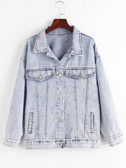 Distressed Frayed Button Up Denim Jacket - LuckyFash™