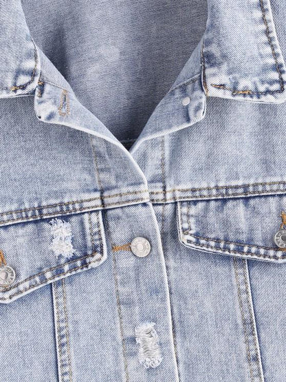 Distressed Frayed Button Up Denim Jacket - LuckyFash™