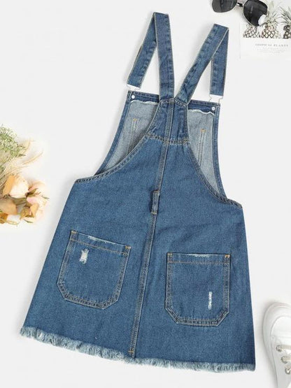 Distressed Frayed Denim Pinafore Dress - LuckyFash™