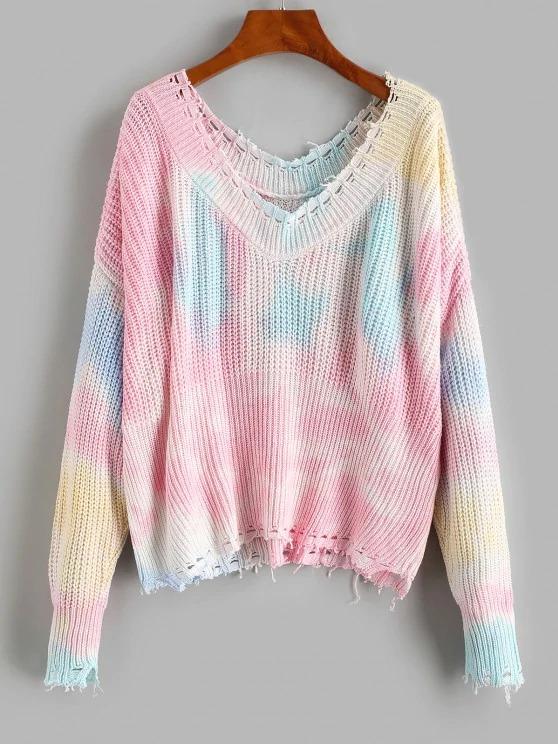 Distressed Frayed Tie Dye Oversized Sweater - LuckyFash™