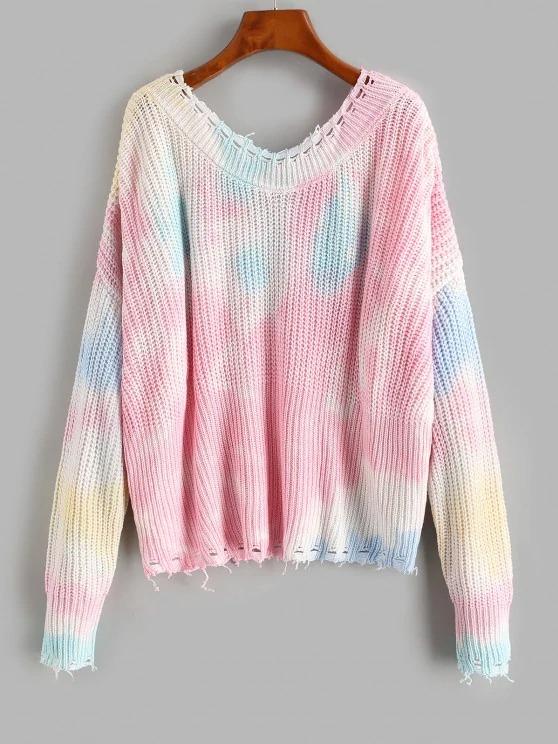 Distressed Frayed Tie Dye Oversized Sweater - LuckyFash™