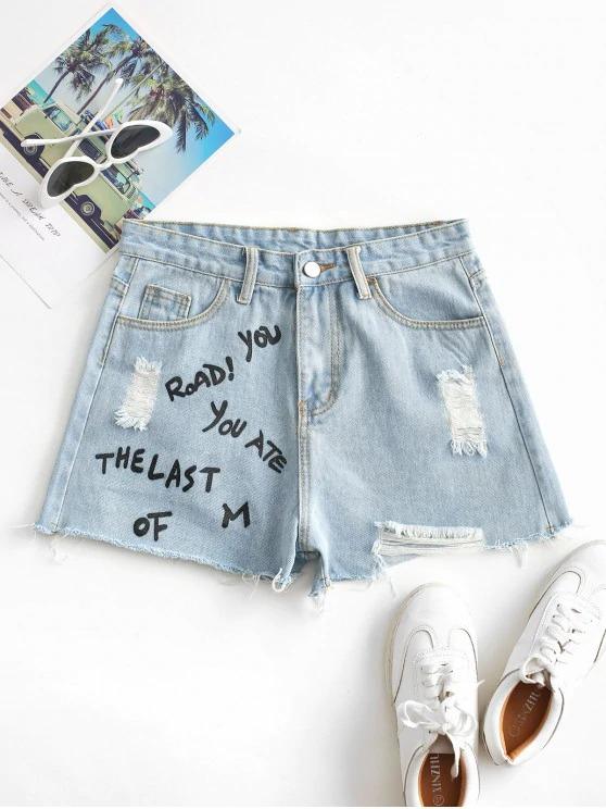 Distressed Letter Graphic Denim Shorts for Women