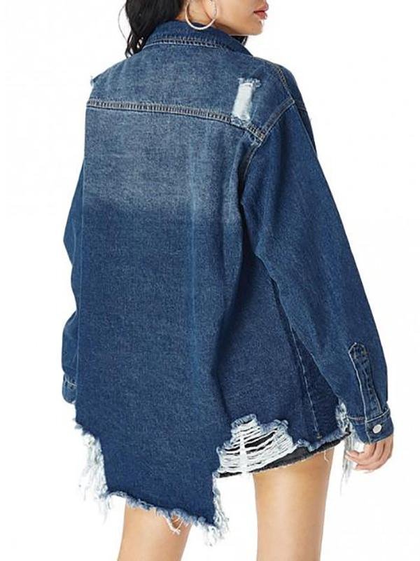 Distressed Pocket Drop Shoulder Long Denim Coat - LuckyFash™