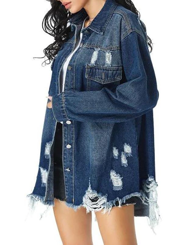 Distressed Pocket Drop Shoulder Long Denim Coat - LuckyFash™