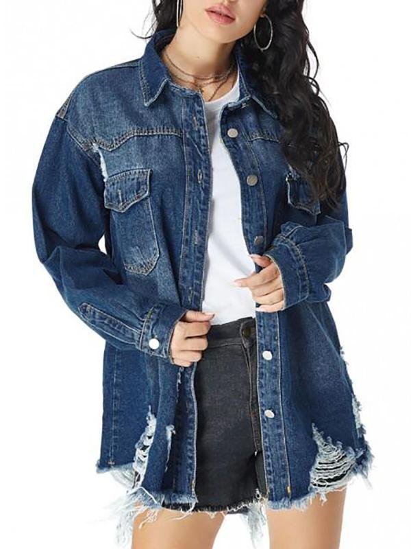 Distressed Pocket Drop Shoulder Long Denim Coat for Women