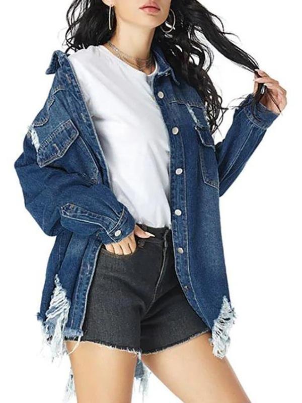 Distressed Pocket Drop Shoulder Long Denim Coat - LuckyFash™