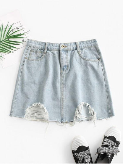 Distressed Pocket Zipper Fly Denim Skirt for Women