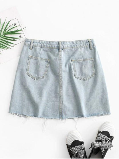 Distressed Pocket Zipper Fly Denim Skirt - LuckyFash™