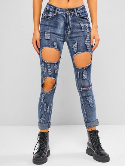 Distressed Ripped Mid Waist Skinny Jeans for Women