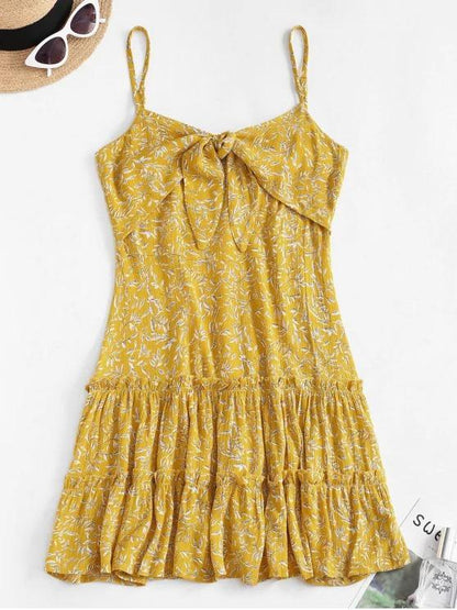 Ditsy Leaf Knotted Cami Flounce Dress for Women