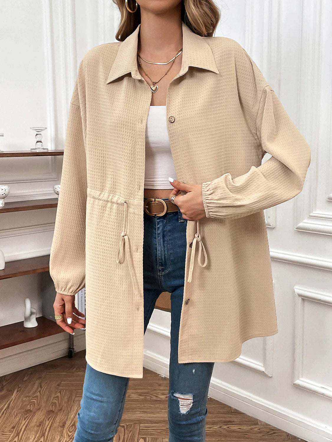 Women's Coat Windproof Warm Outdoor Street Daily Wear Going out Button Drawstring Buttoned Front Turndown Fashion Daily Modern Street Style Solid Color Regular Fit Outerwear Long Sleeve Fall Winter