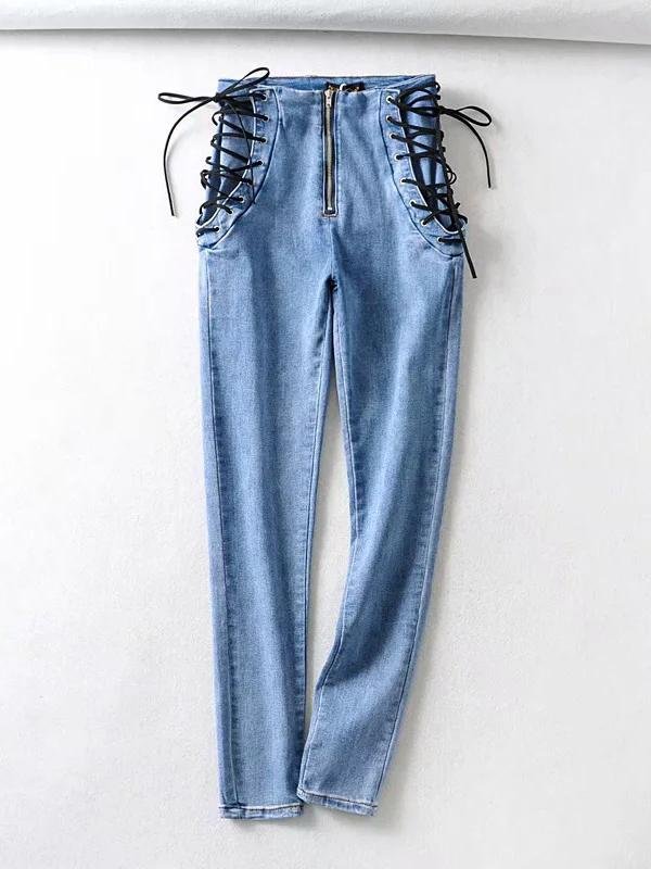 Double Tie Rope High Waist Jeans Stretch Skinny for Women