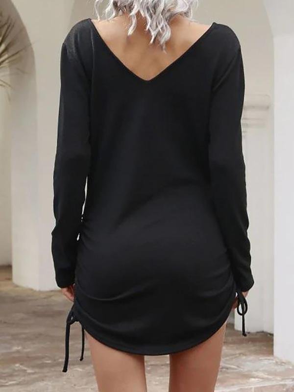 Double V Cinched Side Long Sleeve Dress - LuckyFash™