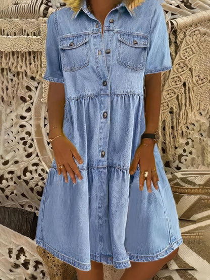 Down Loose Short Sleeve Denim Jean Dress - Drop Shoulder A-Line Paneled Peasant Closed Bateau V-Neck Dress