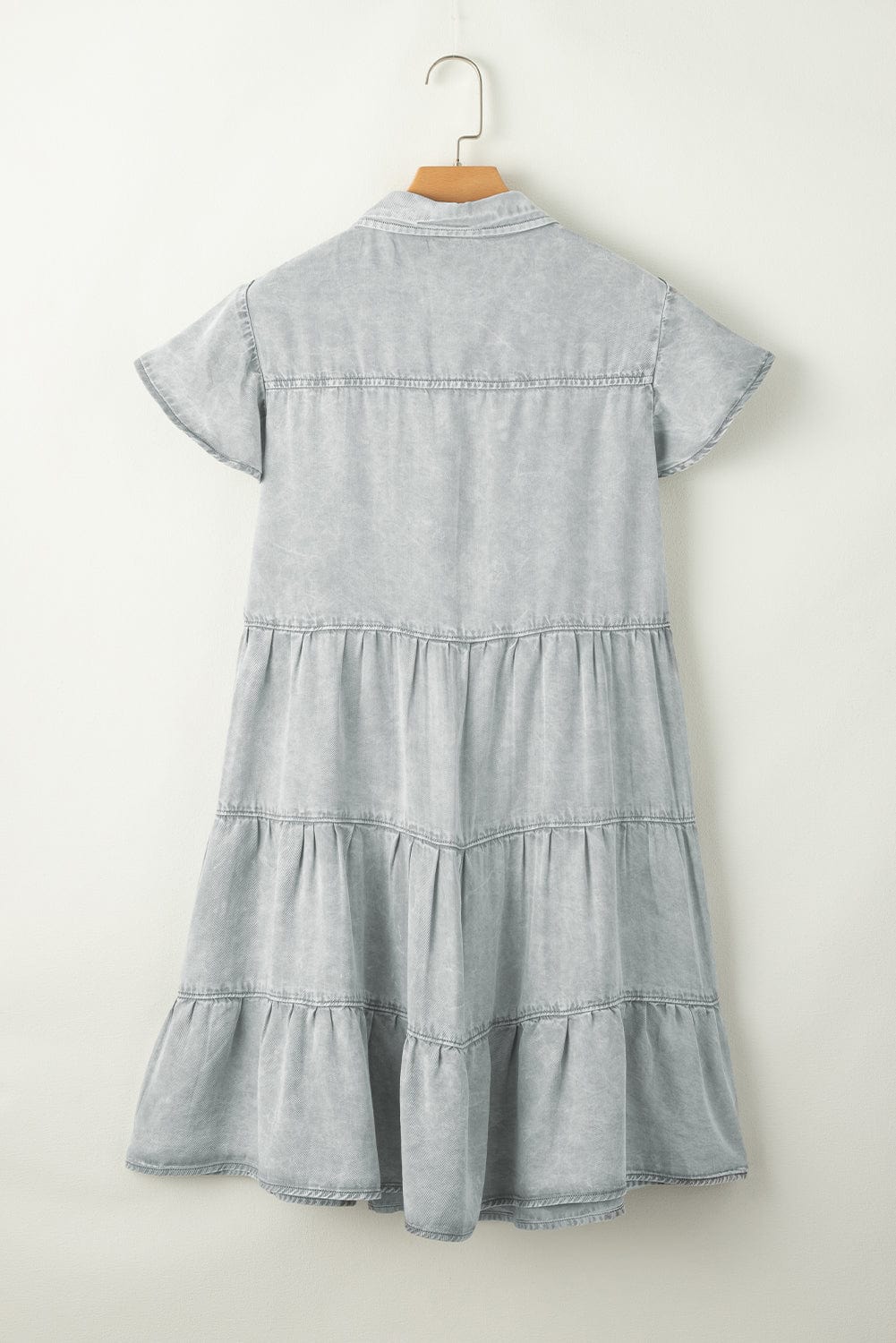 Down Loose Short Sleeve Denim Jean Dress - Drop Shoulder A-Line Paneled Peasant Closed Bateau V-Neck Dress