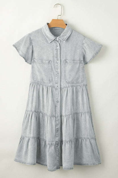 Down Loose Short Sleeve Denim Jean Dress - Drop Shoulder A-Line Paneled Peasant Closed Bateau V-Neck Dress