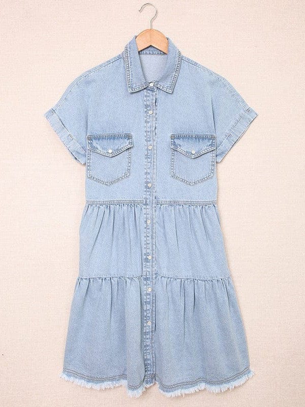 Down Loose Short Sleeve Denim Jean Dress - Drop Shoulder A-Line Paneled Peasant Closed Bateau V-Neck Dress