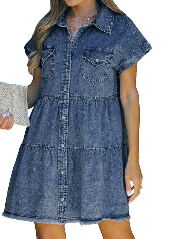 Down Loose Short Sleeve Denim Jean Dress - Drop Shoulder A-Line Paneled Peasant Closed Bateau V-Neck Dress