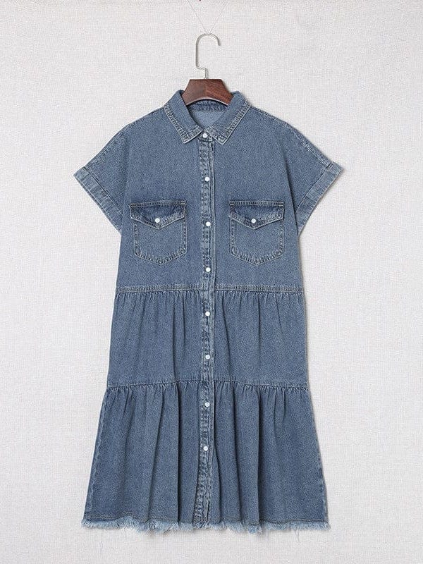 Down Loose Short Sleeve Denim Jean Dress - Drop Shoulder A-Line Paneled Peasant Closed Bateau V-Neck Dress