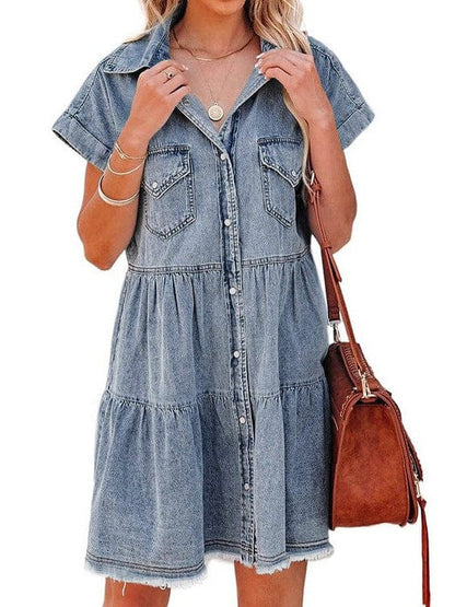 Down Loose Short Sleeve Denim Jean Dress - Drop Shoulder A-Line Paneled Peasant Closed Bateau V-Neck Dress