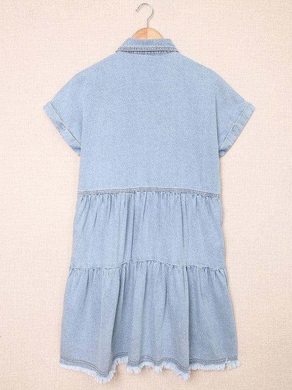 Down Loose Short Sleeve Denim Jean Dress - Drop Shoulder A-Line Paneled Peasant Closed Bateau V-Neck Dress