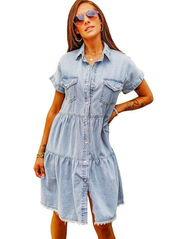 Down Loose Short Sleeve Denim Jean Dress - Drop Shoulder A-Line Paneled Peasant Closed Bateau V-Neck Dress