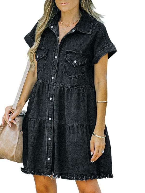 Down Loose Short Sleeve Denim Jean Dress - Drop Shoulder A-Line Paneled Peasant Closed Bateau V-Neck Dress