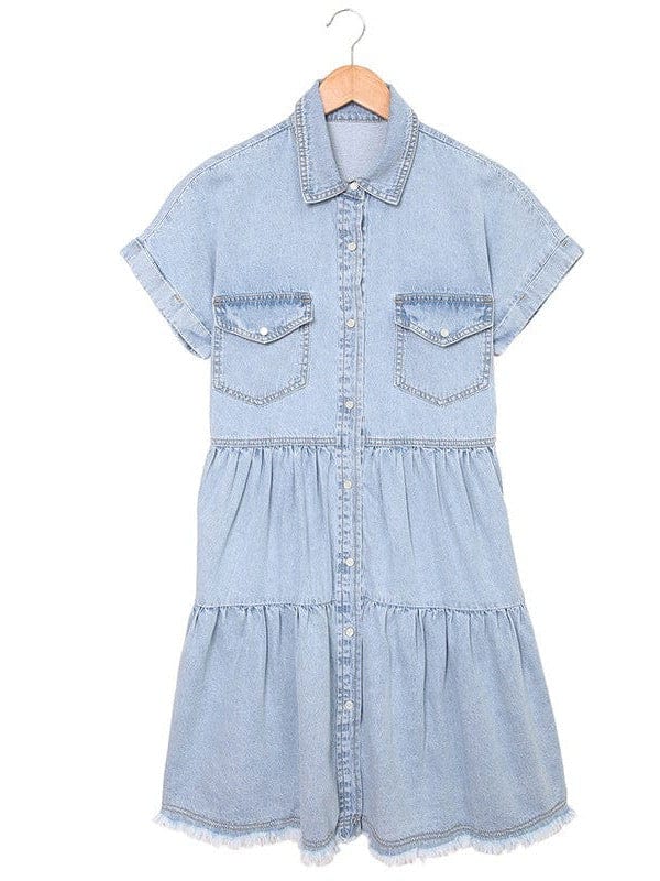 Down Loose Short Sleeve Denim Jean Dress - Drop Shoulder A-Line Paneled Peasant Closed Bateau V-Neck Dress