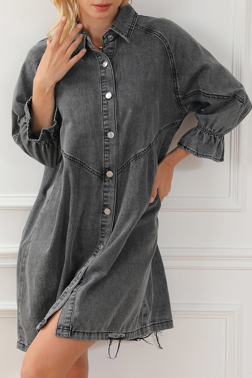 Down Loose Short Sleeve Denim Jean Dress - Drop Shoulder A-Line Paneled Peasant Closed Bateau V-Neck Dress