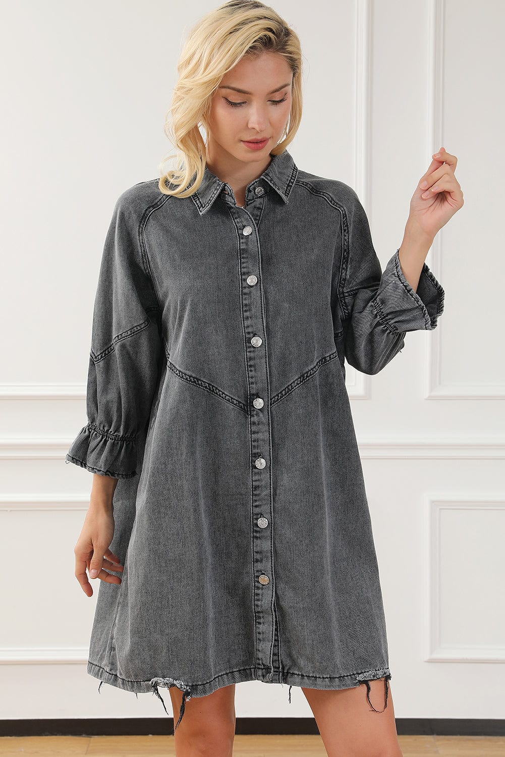 Down Loose Short Sleeve Denim Jean Dress - Drop Shoulder A-Line Paneled Peasant Closed Bateau V-Neck Dress