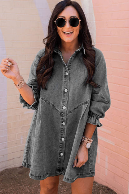 Down Loose Short Sleeve Denim Jean Dress - Drop Shoulder A-Line Paneled Peasant Closed Bateau V-Neck Dress