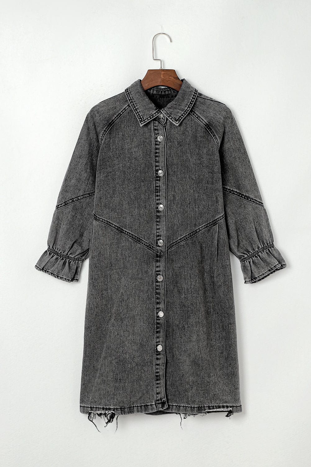 Down Loose Short Sleeve Denim Jean Dress - Drop Shoulder A-Line Paneled Peasant Closed Bateau V-Neck Dress