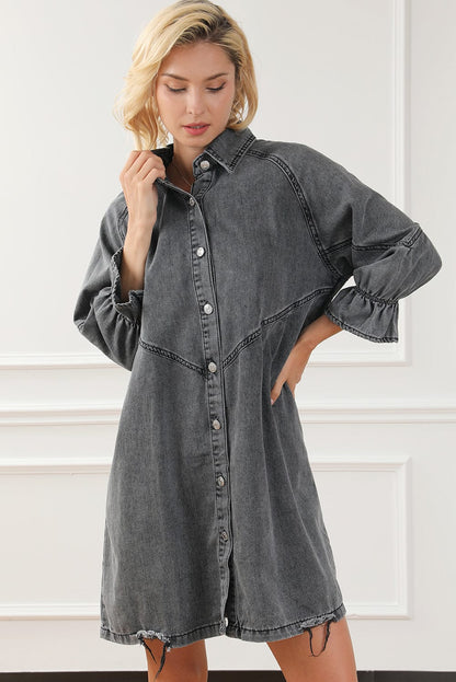 Down Loose Short Sleeve Denim Jean Dress - Drop Shoulder A-Line Paneled Peasant Closed Bateau V-Neck Dress