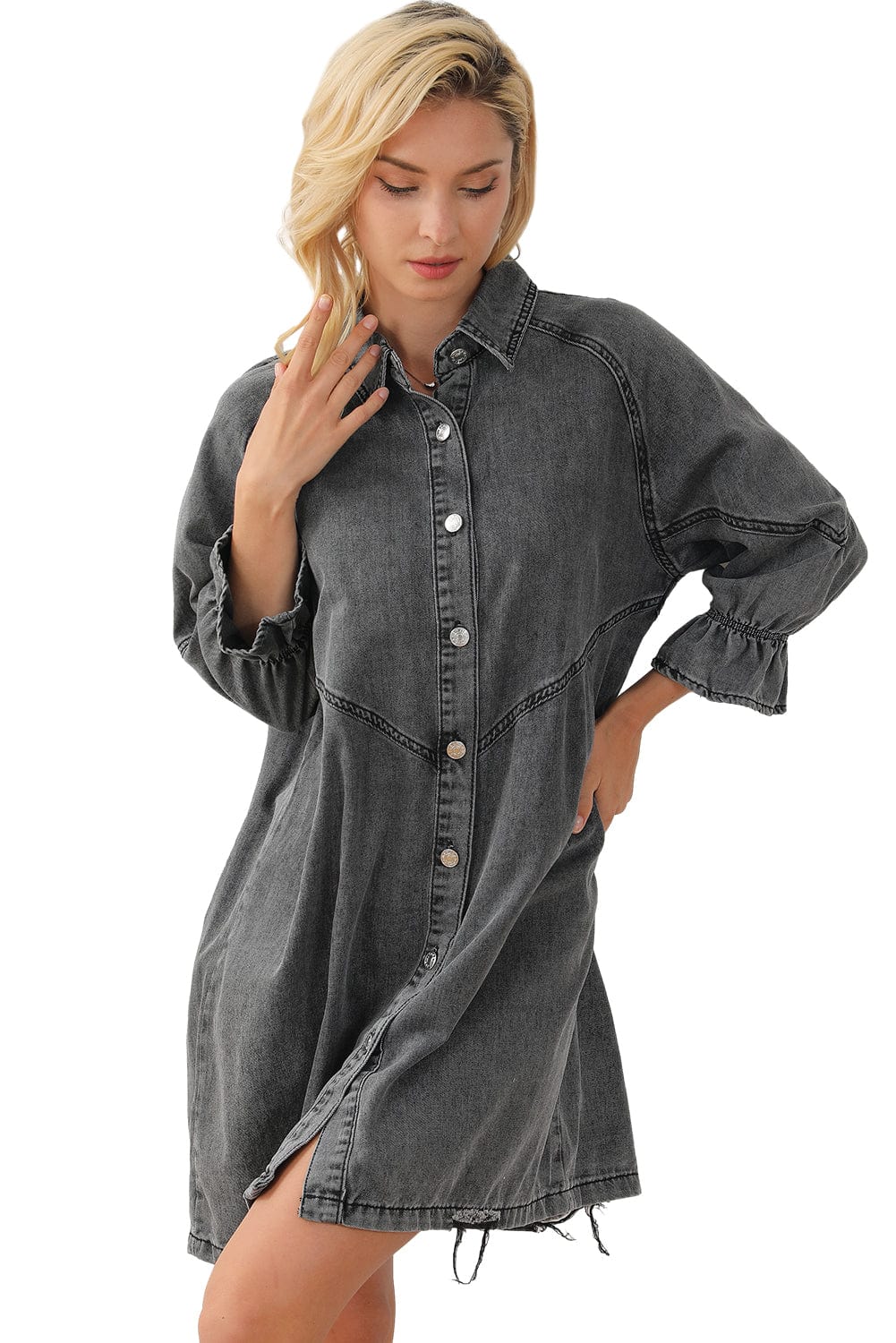 Down Loose Short Sleeve Denim Jean Dress - Drop Shoulder A-Line Paneled Peasant Closed Bateau V-Neck Dress