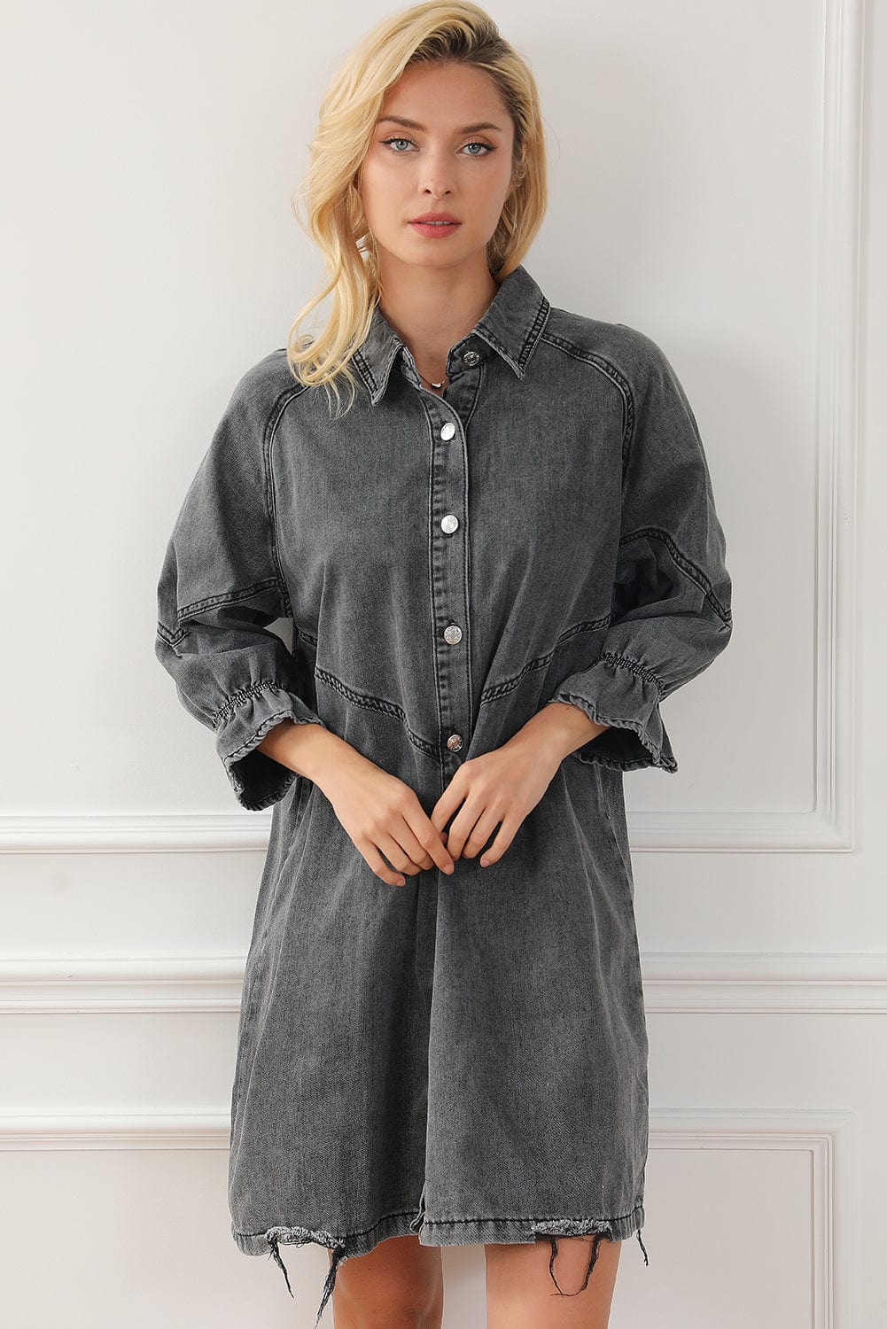 Down Loose Short Sleeve Denim Jean Dress - Drop Shoulder A-Line Paneled Peasant Closed Bateau V-Neck Dress