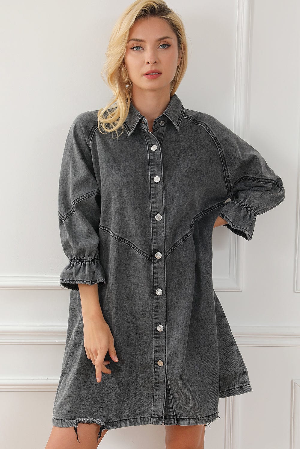 Down Loose Short Sleeve Denim Jean Dress - Drop Shoulder A-Line Paneled Peasant Closed Bateau V-Neck Dress