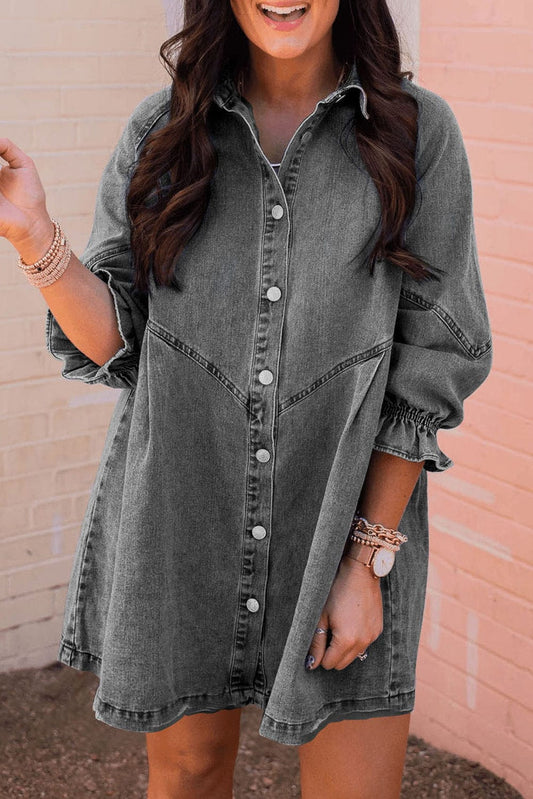 Down Loose Short Sleeve Denim Jean Dress - Drop Shoulder A-Line Paneled Peasant Closed Bateau V-Neck Dress