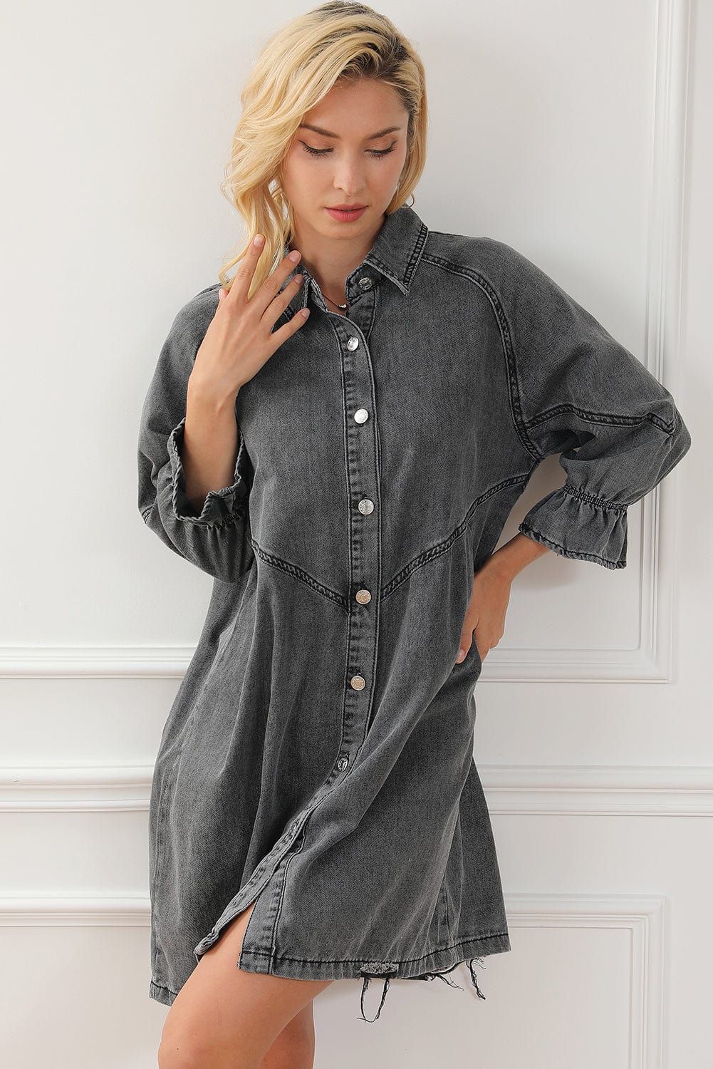 Down Loose Short Sleeve Denim Jean Dress - Drop Shoulder A-Line Paneled Peasant Closed Bateau V-Neck Dress