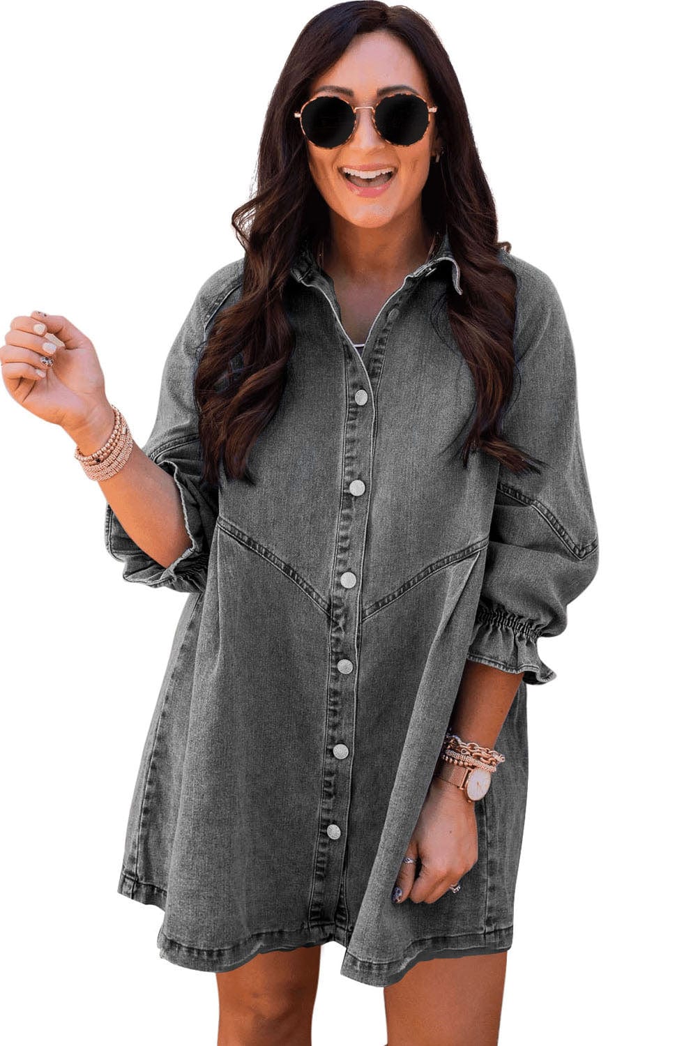 Down Loose Short Sleeve Denim Jean Dress - Drop Shoulder A-Line Paneled Peasant Closed Bateau V-Neck Dress