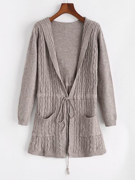 Drawstring Cable Knit Dual Pocket Cardigan for Women