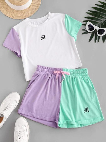 Drawstring Colorblock Embroidered Two Piece Set for Women