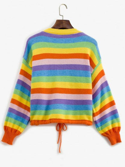 Drawstring Hem Lantern Sleeve Rainbow Stripes Sweater - LuckyFash™