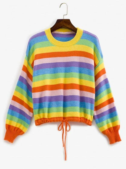 Drawstring Hem Lantern Sleeve Rainbow Stripes Sweater - LuckyFash™