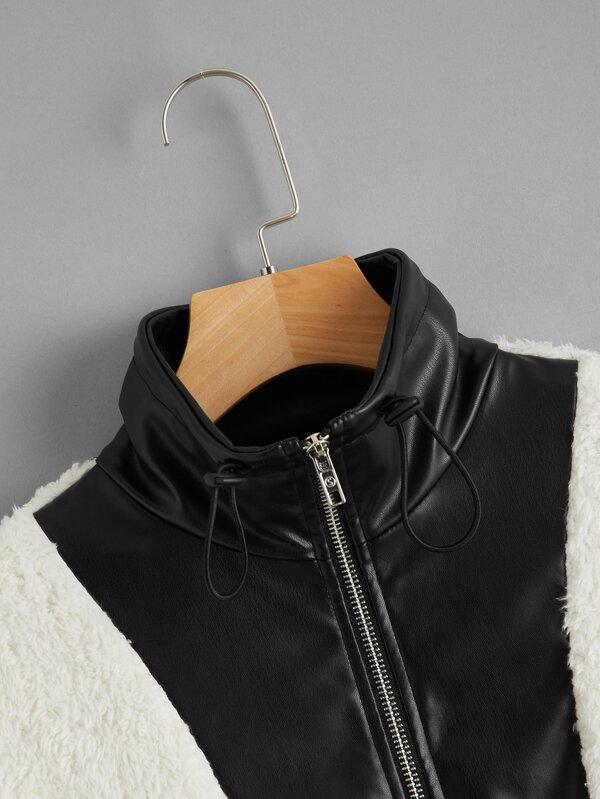 Drawstring Hem Mixed Media Teddy Jacket