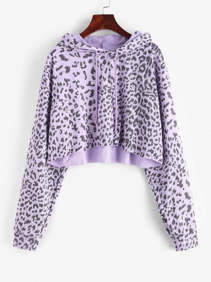 Drawstring Leopard Raw Hem Hoodie for Women