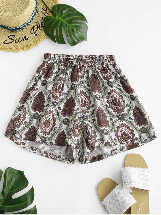 Drawstring Plant Print Shorts for Women